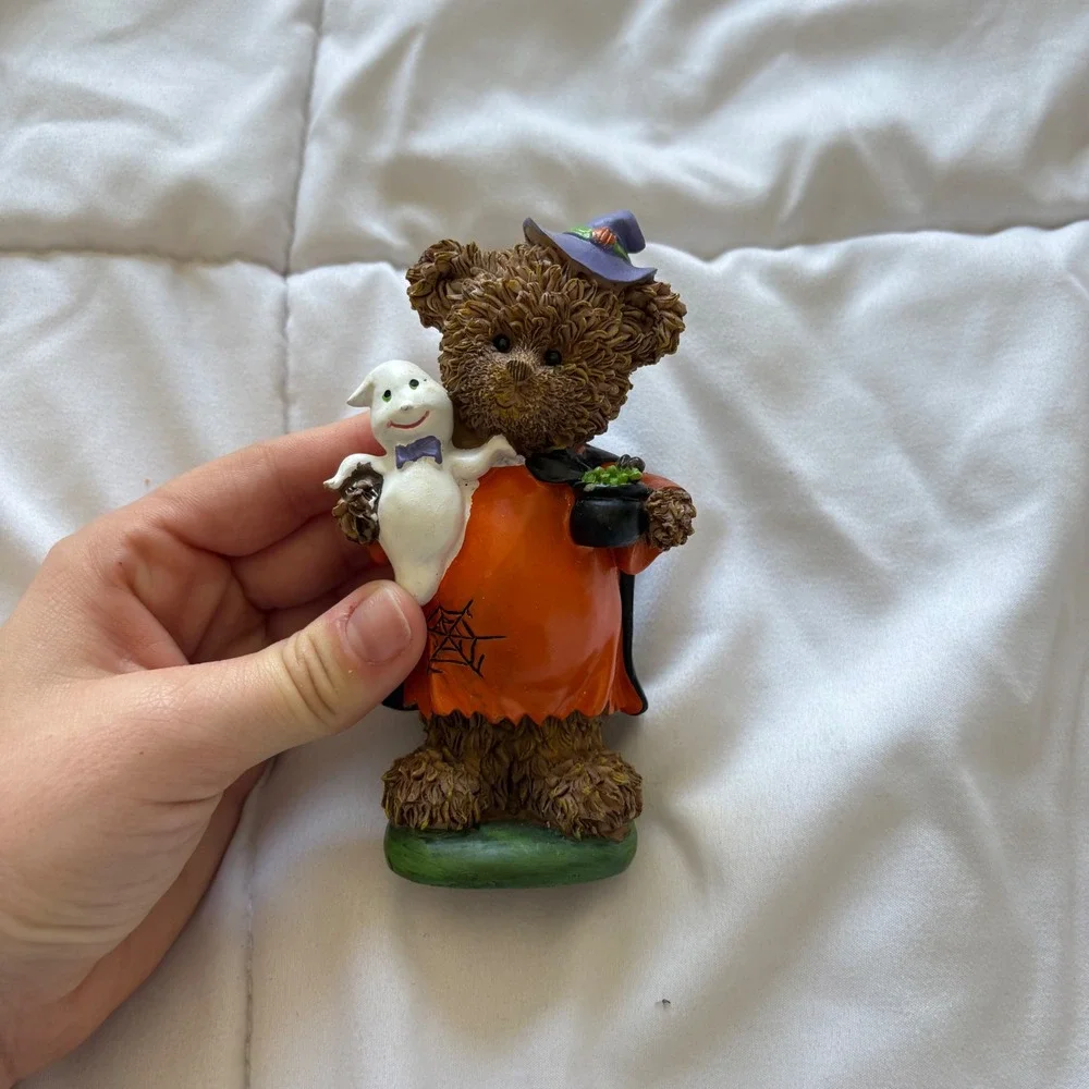 Halloween Teddy Bear Figurine Pumpkin Costume Ghost Witch Hat Cauldron 5 In VTG